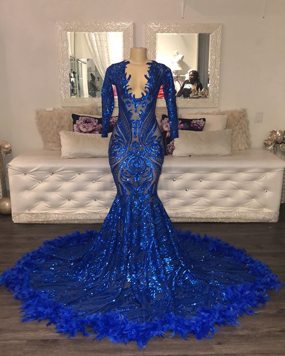 Plus Size Custom Prom Dresses 2024 Long Sleeve Sparkly Feather Evening Dresses For Women Royal Blue Elegant African Evening Dresses 2023 Formal