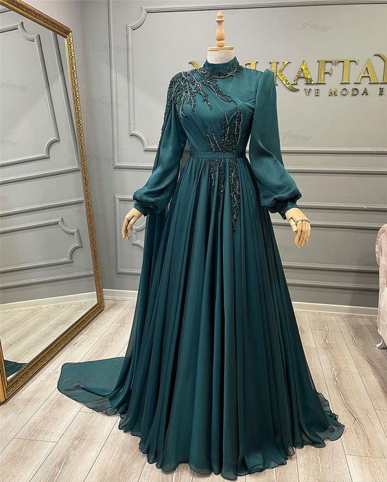 High Neck Beaded Prom Dresses Long Sleeve Arabic Green A Line Prom Gown Robes De Bal Vestidos De Noche Formal Occasion Dresses
