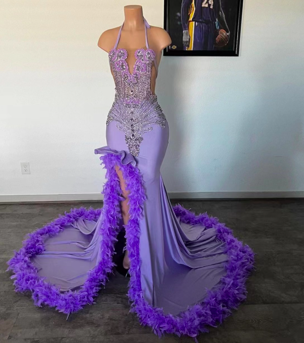 Purple Prom Dresses 2024 Luxury Halter Crystals Fashion Party Dresses 2023 Women Beaded Feather Sexy Black Girls Evening Gowns Vestidos De Fiesta
