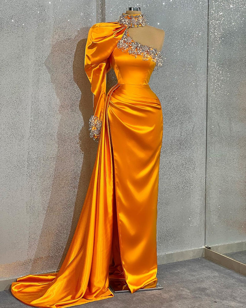 High Neck One Shoulder Prom Dresses For Women Elegant Beaded Orange Arabic Evening Dresses Robes De Bal Vestidos De Gala