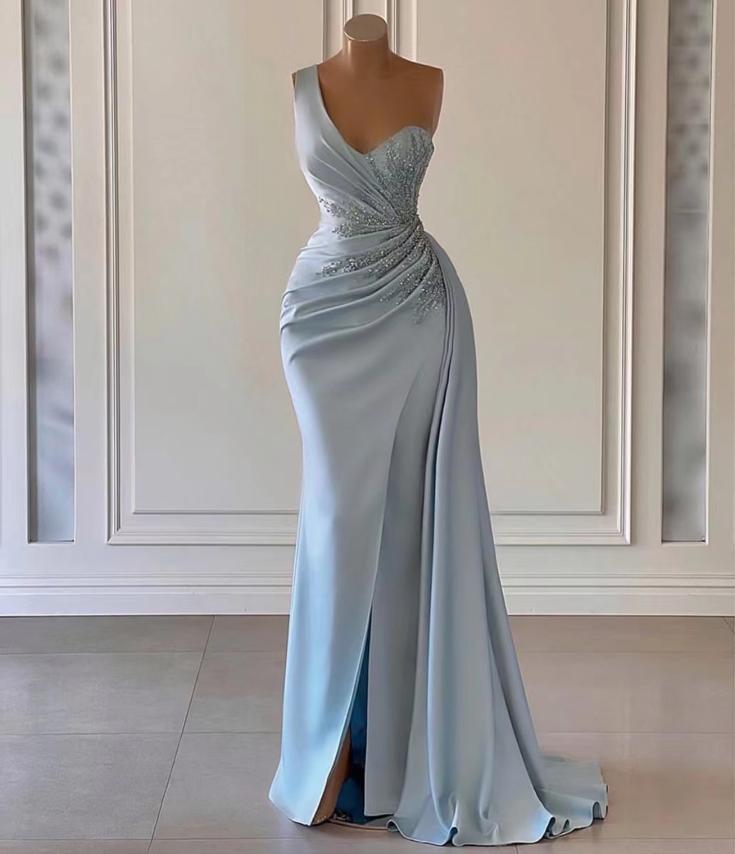 Beaded Applique Blue Prom Dresses 2024 Gala Formal Gown One Shoulder Elegant Pleated Evening Dresses 2023 Arabic Custom Prom Gown 2025 Vestidos