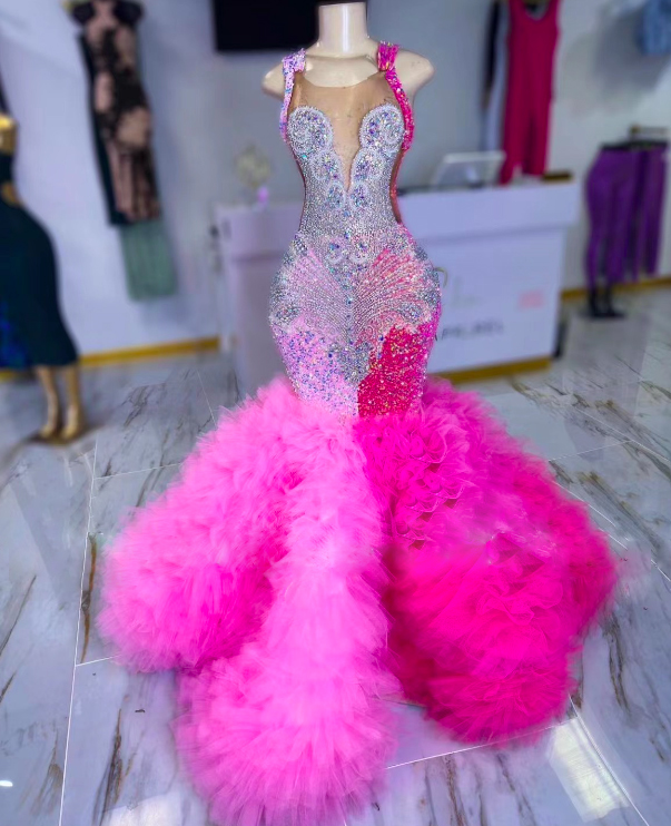 Luxury Custom Prom Dresses 2024 Diamonds Rhinestones Pink Sparkly Prom Gowns 2025 Vestidos Robe Femme Soirée Fashion Party Dresses Black Girls