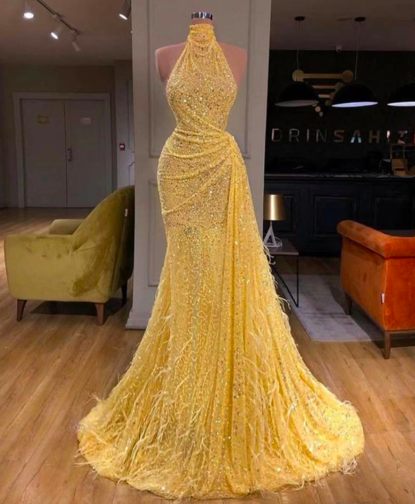 Yellow Sparkly Prom Dresses For Women High Neck Feather Custom Fashion Party Dresses Vestidos De Noche Elegant Formal Occasion Dresses