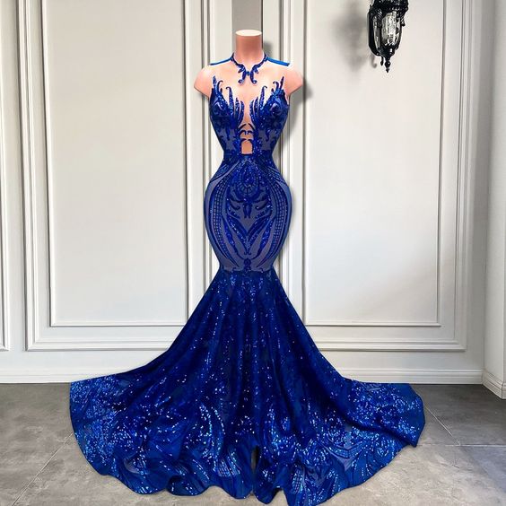 Robes De Soiree Mermaid Prom Dresses For Women Royal Blue Sparkly Sequined Applique Formal Occasion Dresses Evening Gown Vestidos Para Mujer