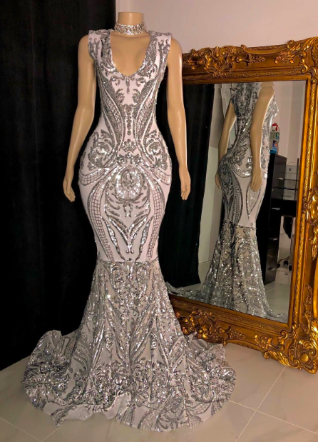 Custom Make Prom Dresses 2024 Silver Sequin Applique Mermaid Evening Dresses For Women Vestidos De Fiesta Formal Occasion Dresses 2025