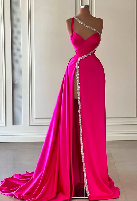 One Shoulder Beading Prom Dresses 2024 Pink Elegant Ruffled Satin A Line Prom Gown 2025 Vestidos De Fiesta Abendkleider Robes De Soiree