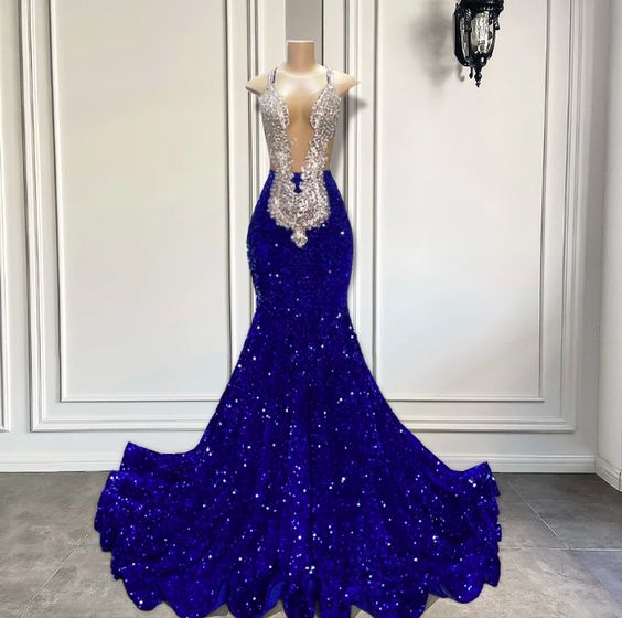 Spaghetti Straps Sparkly Prom Dresses 2024 Crystals Beaded Royal Blue Sequins Formal Occasion Dresses 2025 Vestidos De Fiesta Longo Mermaid