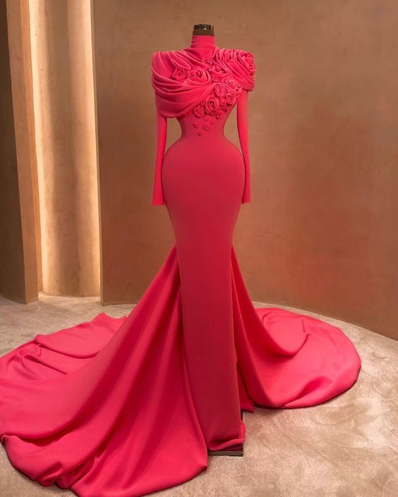 High Neck Gorgeous Prom Dresses 2024 Pink 3d Flowers Elegant Evening Dresses For Women Dubai Fashion Arabic Prom Gown Formal Party Dresses