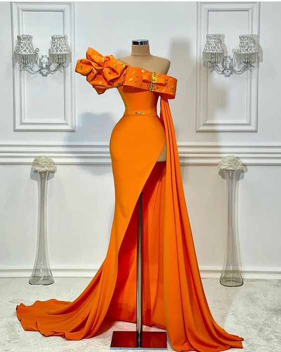 One Shoulder Arabic Prom Dresses For Women Rhinestones A Line Elegant Orange Luxury Evening Dresses Vestidos De Noche Abendkleider Dubai Fashion
