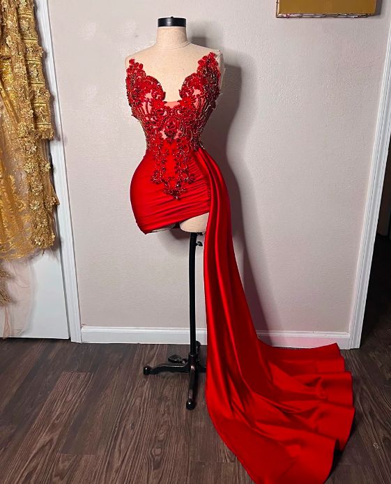 Red Prom Dresses 2024 Lace Applique Beaded Mini Formal Party Dresses V Neck Beaded Fashion Evening Gown Cocktail Dresses 2025 Robes De Soiree