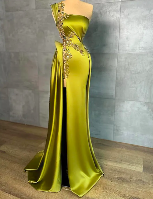 One Shoulder Lace Applique Prom Dresses 2024 Elegant Beaded Green