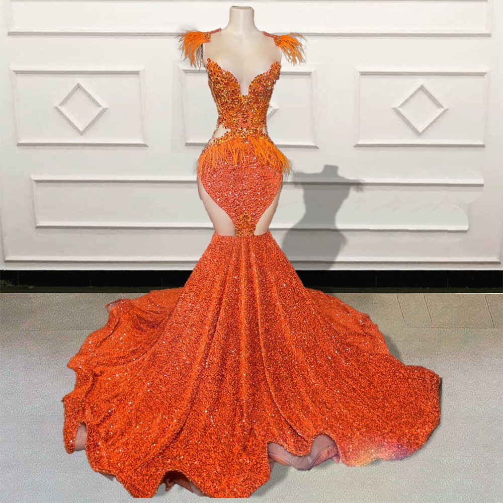 Orange Prom Dresses 2024 Modest Elegant Sparkly Evening Gown For Black Girls Fashion Luxury Beaded Birthday Party Dresses 2025 Feather Women