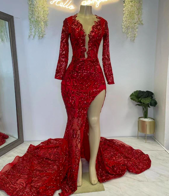 Sparkly Red Prom Dresses Long Sleeve Elegant Glitter Formal Occasion Dresses With Side Split Vestidos De Gala Fashion Custom Prom Gown