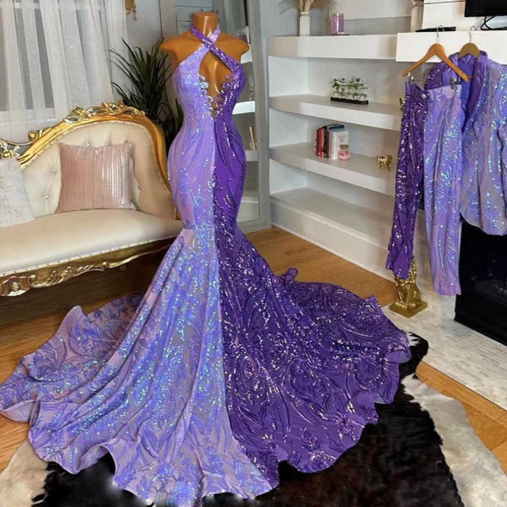 Two Tones Purple Prom Dresses 2024 Custom Halter Sparkly Applique Formal Occasion Dresses Robes De Cocktail 2025 Mermaid Evening Gown