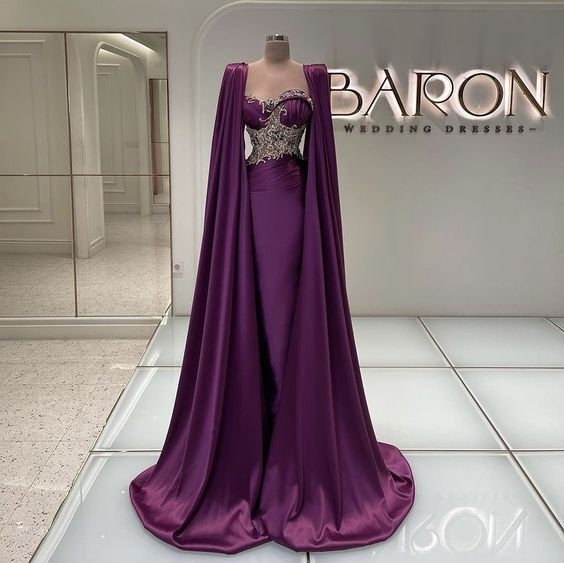 Purple Dubai Fashion Prom Dresses For Women Muslim Elegant Beaded Prom Gowns With Cape Vestidos De Gala Arabic Evening Dresses