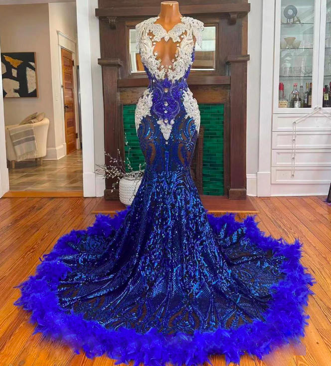 Luxury Feather Prom Dresses 2024 Royal Blue Sparkly Applique Fashion Party Dresses 2025 Gorgeous Beaded Lace Applique Formal Occasion Dresses