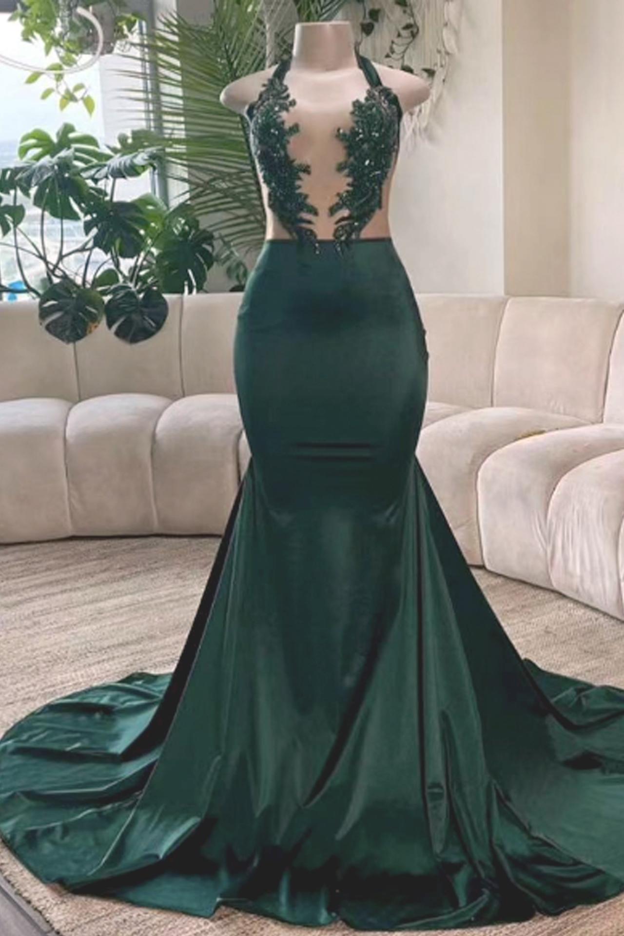 Emerald Green Elegant Prom Dresses 2024 Halter Sequin Applique Mermaid