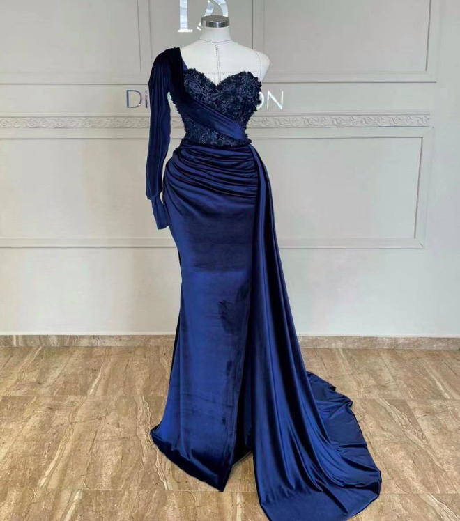 Arabic Prom Dresses 2024 One Shoulder Sweetheart Neck Navy Blue Prom Gown Lace Applique Muslim Evening Dresses For Women 2025 Robes De Soiree