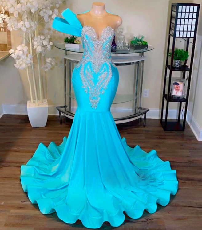 Luxury Beaded Prom Dresses For Women One Shoulder Crystals Blue Elegant Formal Occasion Dresses Sweetheart Neck Fashion Party Dresses Vestidos De
