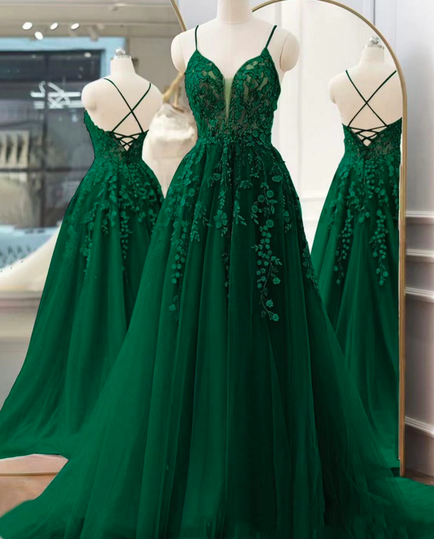 Spaghetti Strap Green Prom Dresses 2024 Robes De Bal Lace Applique A Line Elegant Prom Gown Pageant Dresses For Women 2025 Vestidos Para Mujer