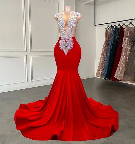 Luxury Prom Dresses V Neck Crystals Beaded Formal Wear Red Birthday Party Dresses Elegant Modest Evening Gown Vestidos Para Mujer
