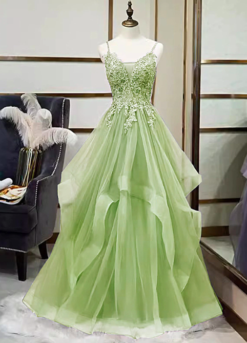 Spaghetti Strap Green Prom Dresses 2024 Lace Applique A Line Elegant Tulle Prom Gown Robes De Cocktail Simple Tiered Custom Party Dresses 2025