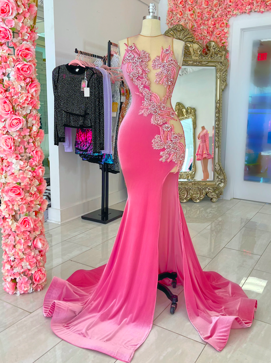 Gorgeous Prom Dresses 2024 Pink Beaded Applique Elegant Evening Dresses 2025 Vestidos De Gala Sexy Formal Occasion Dresses With Side Slit