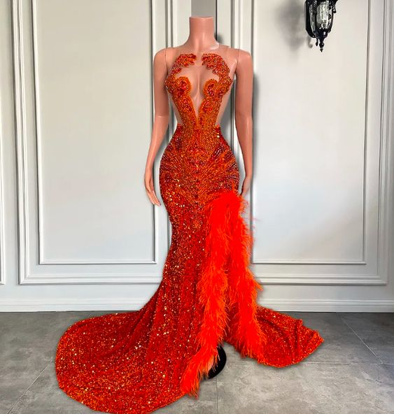 Rhinestones Luxury Prom Dresses With Side Split Red Feather Sparkly Formal Occasion Dresses Fashion Glitter Party Dresses For Women Evening Gown