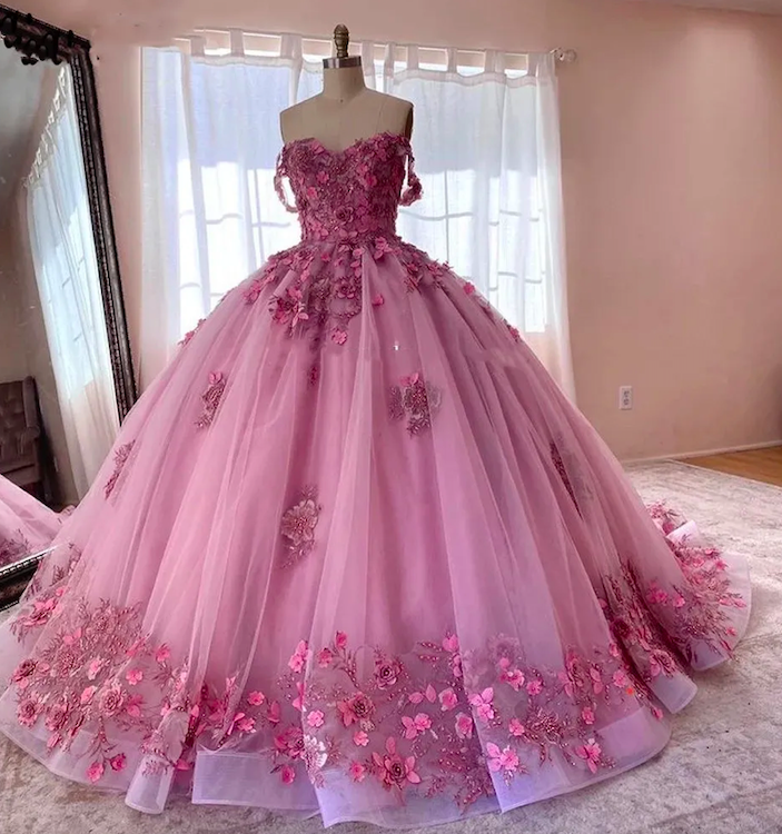 Pink Prom Dresses 2024 Sweet 16 Dresses 3d Flowers Lace Applique Princess Off The Shoulder Ball Gown Princess Prom Gown 2025 Quinceaneara