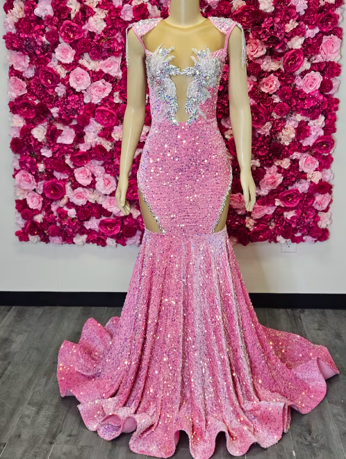 Cap Sleeve Glitter Prom Dresses 2024 Pink Sequin Mermaid Formal Occasion Dresses 2025 Lace Applique Elegant Evening Gown Party Dresses