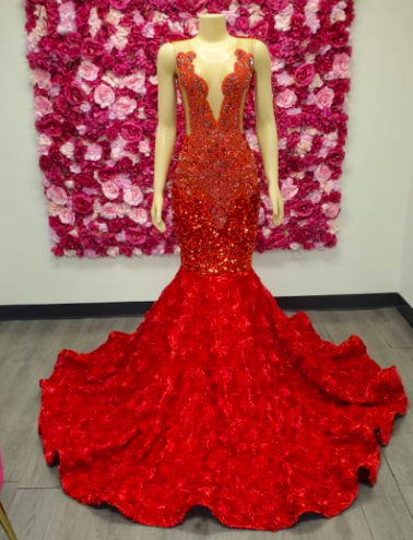 Red Luxury Prom Dresses 2024 Floral Rhinestones Beaded Evening Gown For Black Girls 2025 Custom Make Modest Formal Wear Vestidos De Gala