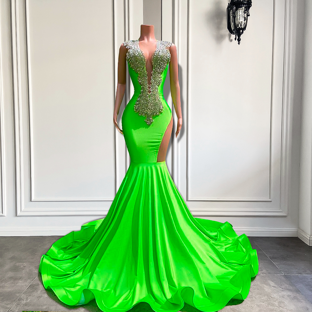 Crystals Luxury Prom Dresses 2024 Mermaid Diamonds Beaded Elegant Prom Gown 2025 Lime Green Modest Fashion Party Dresses Evening Wear Vestidos De
