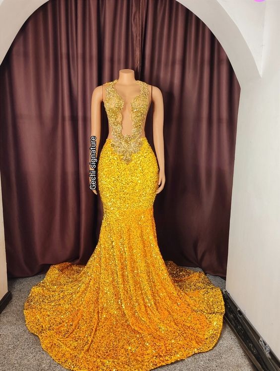 Sparkly Fashion Prom Dresses 2024 Yellow Gold Rhinestones Luxury Birthday Party Dresses Vestidos De Fiesta 2025 Beaded Diamonds Formal Occasion