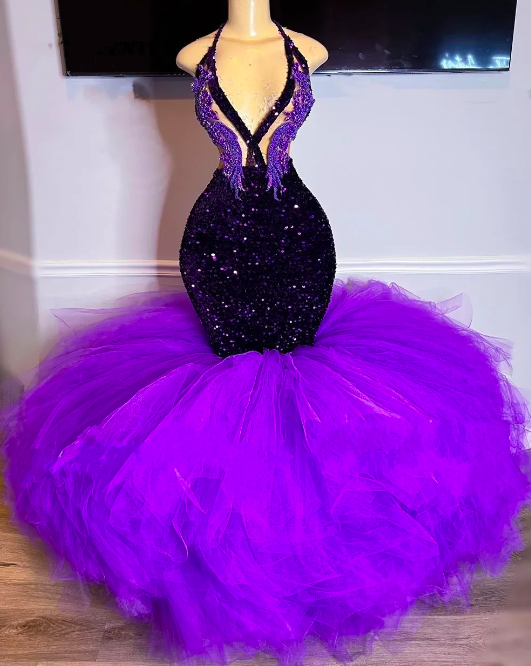 Deep Purple Prom Dresses For Black Girls 2024 Custom Sparkly Halter Sexy Birthday Party Dresses Formal Occasion Dresses 2025 Pageant Dresses For