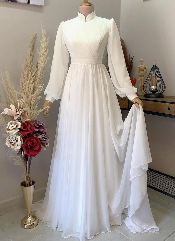 White Prom Dresses 2024 High Neck Muslim Long Sleeve Prom Gown Robes De Bal Elegant Arabic A Line Chiffon Formal Party Dresses 2025 Vestidos De