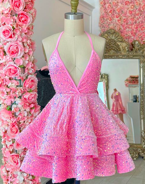 Halter Pink Prom Dresses Short Mini Dresses Robes De Cocktail Sparkly 21st Birthday Party Dresses A Line Tiered Prom Gown Homecoming Dresses