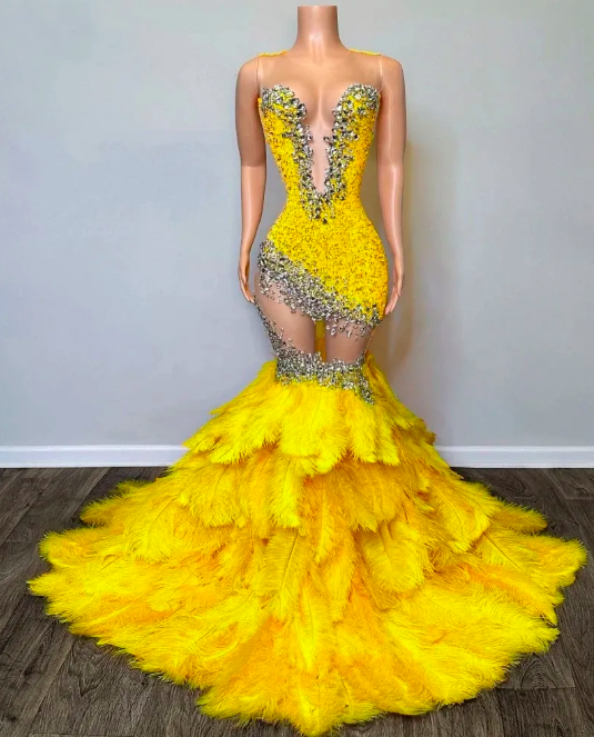 Rhinestones Yellow Prom Dresses For Black Girls Feather Mermaid Luxury Birthday Party Dresses Robes De Soiree Femme Formal Occasion Dresses Sexy