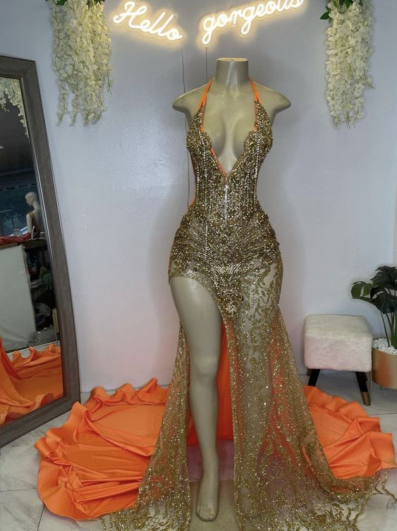 Halter Sexy Prom Dresses 2024 Gold Sparkly Luxury Prom Gown 2025 Vestidos De Fiesta Diamonds Formal Occasion Dresses Abendkleider Vestidos De