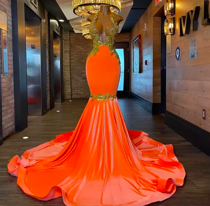 Orange Plus Size Prom Dresses For Black Girls Fashion Gold Lace Applique Elegant Evening Gowns For Women Vestidos De Fiesta Formal Wear