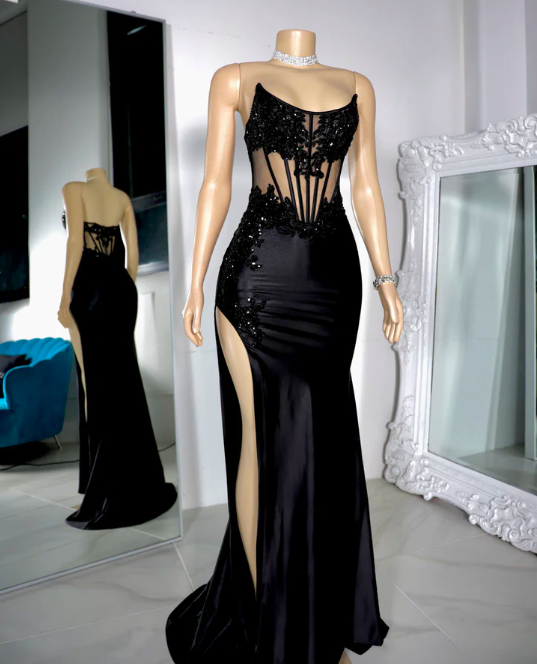 Corset Prom Dresses 2024 Black Lace Applique Elegant Evening Gown For Women 2025 Robes De Soiree Femme
