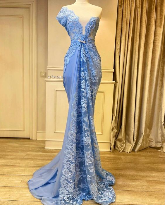 One Shoulder Blue Prom Dresses For Women 2024 Lace Applique Elegant Modest Dubai Fashion Party Dresses 2025 Vestidos De Fiesta Formal Occasion