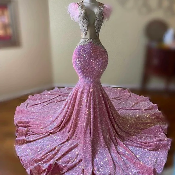 Feather Pink Prom Dresses For Women Sparkly Sequin Elegant Lace Applique Modest Evening Gown Abendkleider Formal Occassion Dresses Vestidos De