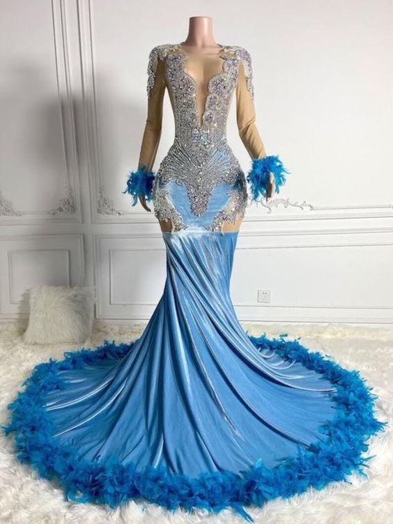 Feather Blue Prom Dresses 2024 Custom Plus Size Rhinestones Luxury Prom Gown For Black Girls 2025 Velvet Elegant Arabic Formal Occasion Dresses