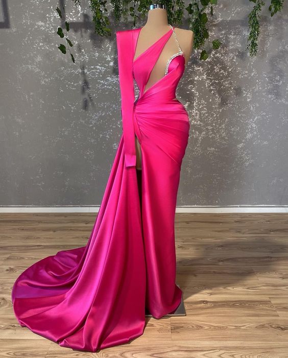 Pink One Shoulder Prom Dresses For Women Dubai Fashion Simple Satin Evening Dresses Modest Beading Arabic Formal Gown Vestidos De Gala