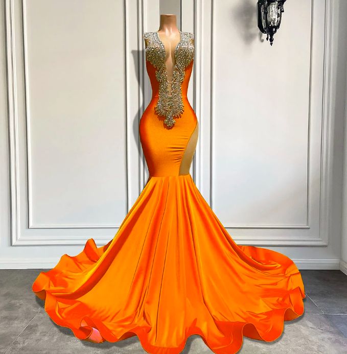 Orange Beading Prom Dresses For Black Girls Fashion Elegant Diamonds Party Dresses Queen Rhinestones Luxury Evening Gown Vestidos De Fiesta