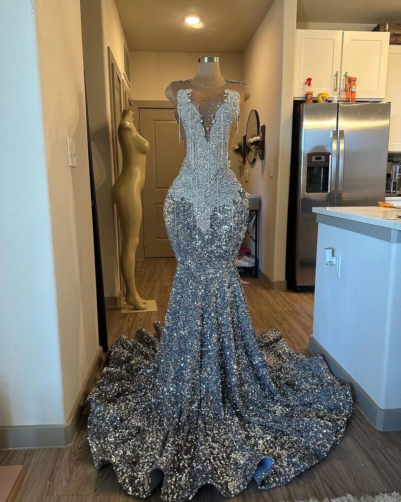 Beading Tassel Sparkly Prom Dresses 2025 Gray Rhinestones Luxury ...