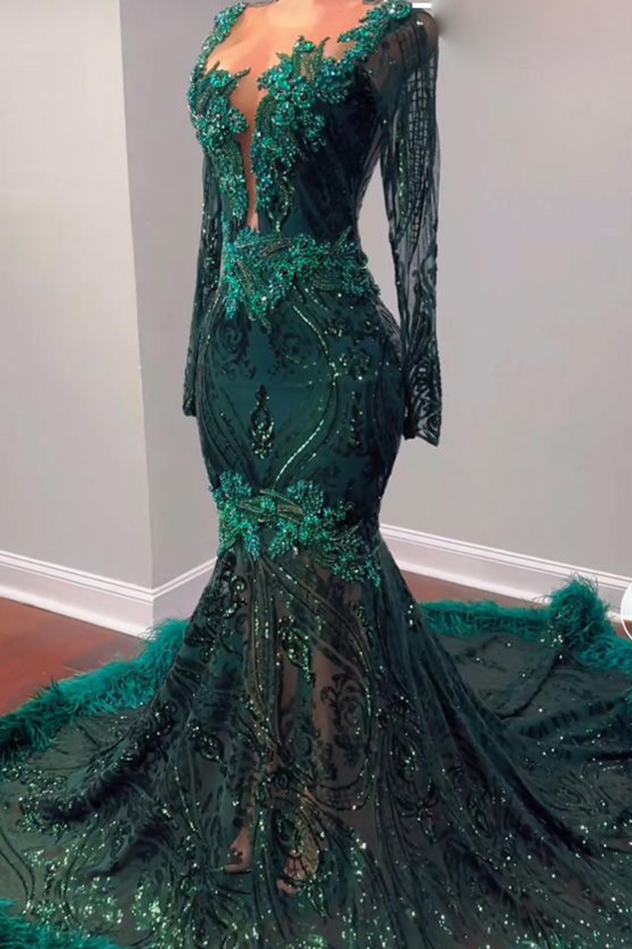 fitted lace wedding dress Navy Blue Beaded Sequined Long Sleeves with Train Formal Evening Prom – VOS  LEE main image 1