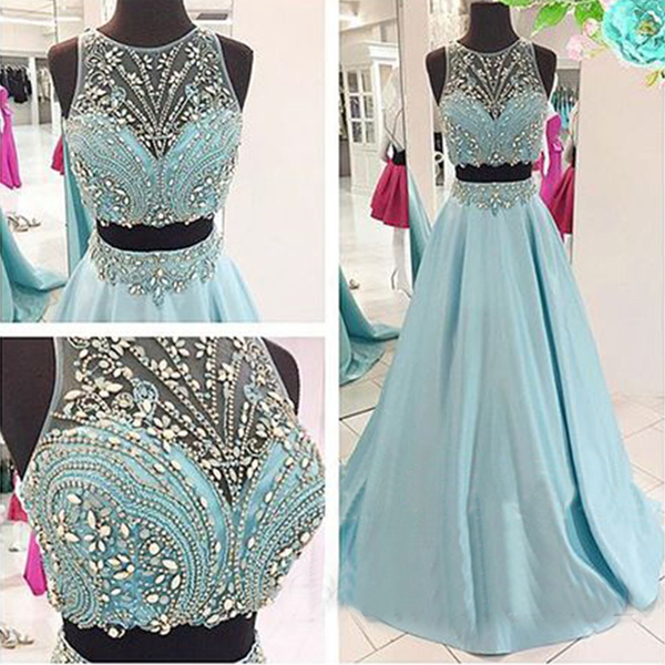Two Piece Prom Dresses 2016 For Women, Rhinestones Gorgeous Long Blue Prom Dresses, A Line Satin Sexy Prom Dresses, Sheer Back Floor Length Prom Gowns 2016 