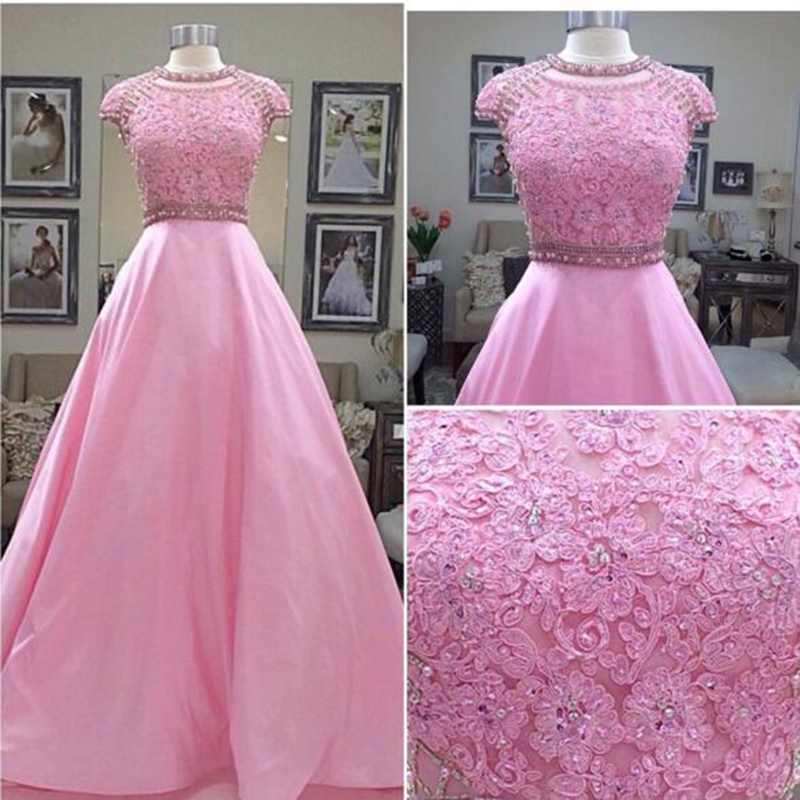 Pink Prom Dress, Cap Sleeve Prom Dress, Lace Prom Dress, Beaded Prom Dresses, Satin Prom Dress, Graduation Dresses, A Line Prom Dress, Prom
