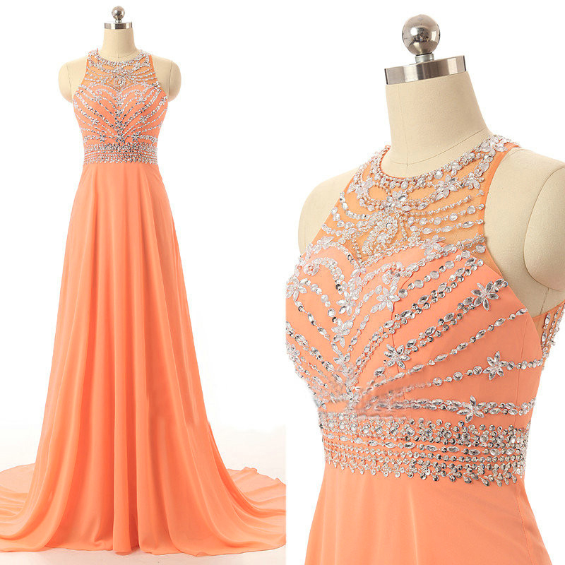 Orange Prom Dresses Long A Line Chiffon Beaded Halter Elegant 2022 Prom Gown Vestidos De Fiesta De Longo